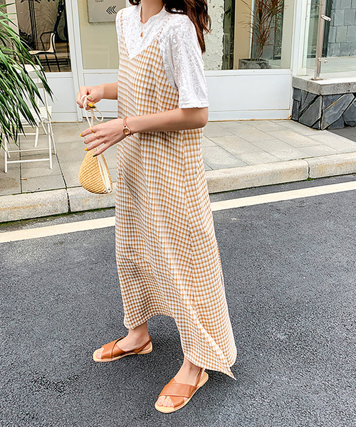 Doula Doula(ドゥーラドゥーラ)の「チェック柄フレアキャミワンピース(ワンピース・レディース・イエロー/レッド・FREE)」の7枚目の写真