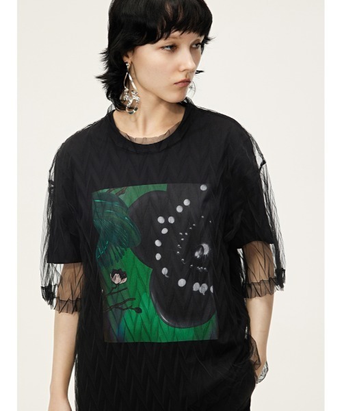 JNBY（ジェーエヌビーワイ）の「Electronic Plum-print Cotton T-shirt（Tシャツ/カットソー・レディース・ブラック/ホワイト・36/38/40）」の6枚目の写真