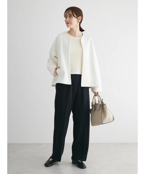 Green　Parks（グリーンパークス）の「ノーカラーポンチジャケット（ノーカラージャケット・レディース・オフホワイト/ブラック・FREE）」の4枚目の写真