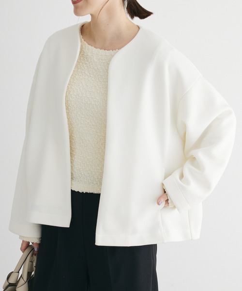 Green　Parks（グリーンパークス）の「ノーカラーポンチジャケット（ノーカラージャケット・レディース・オフホワイト/ブラック・FREE）」の2枚目の写真