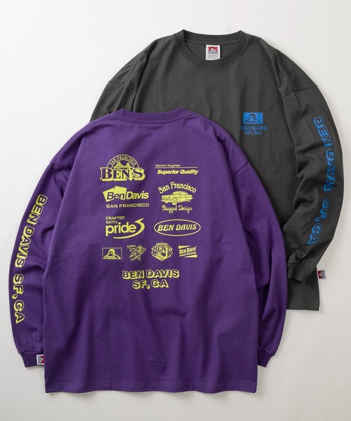 BEN DAVIS(ベンデイビス)の「【BEN DAVIS/ベンデイビス】スポンサーロゴテイスト バイカーデザイン バックプリント ロングスリーブTシャツ/ロンT(Tシャツ/カットソー・メンズ・ブラック/パープル/オートミール/ホワイト/グリーン・M/L/XL)」の1枚目の写真