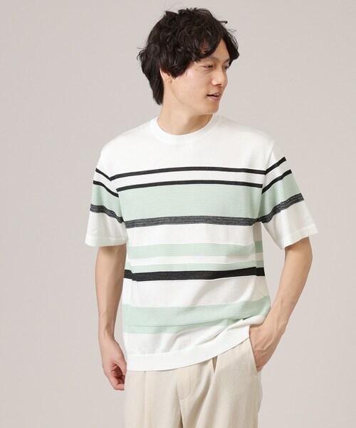 ◆【ニットTシャツ】麻ブレンド パネルボーダー