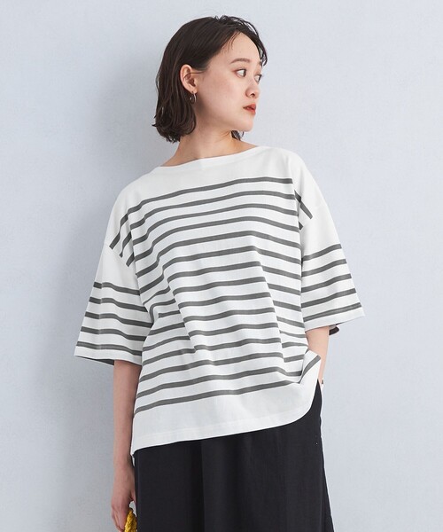 green label relaxing（グリーンレーベルリラクシング）の「パネルボーダー プルオーバー 5分袖 Tシャツ（Tシャツ/カットソー・レディース・コバルトブルー/ピンク/グレー・FREE）」の2枚目の写真