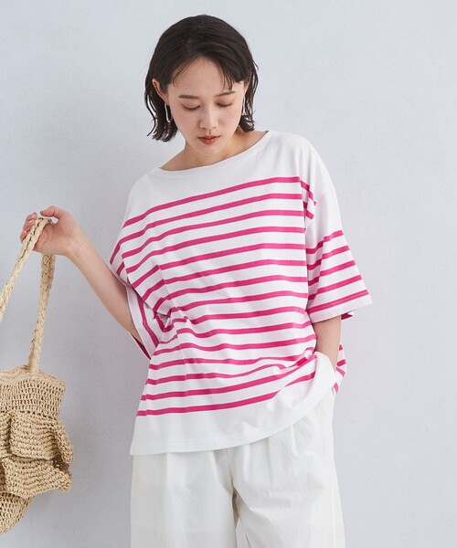 green label relaxing（グリーンレーベルリラクシング）の「パネルボーダー プルオーバー 5分袖 Tシャツ（Tシャツ/カットソー・レディース・コバルトブルー/ピンク/グレー・FREE）」の3枚目の写真
