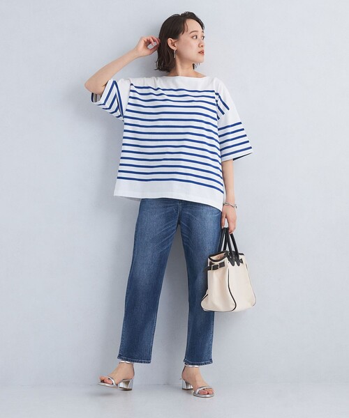 green label relaxing（グリーンレーベルリラクシング）の「パネルボーダー プルオーバー 5分袖 Tシャツ（Tシャツ/カットソー・レディース・コバルトブルー/ピンク/グレー・FREE）」の6枚目の写真