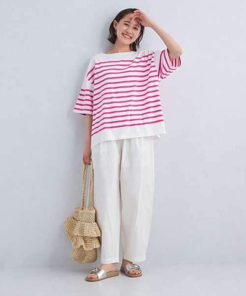 green label relaxing（グリーンレーベルリラクシング）の「パネルボーダー プルオーバー 5分袖 Tシャツ（Tシャツ/カットソー・レディース・コバルトブルー/ピンク/グレー・FREE）」の9枚目の写真