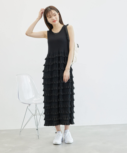 ROPE ロペ【DEVEAUX】水彩プリント　ノースリーブ　ティアードワンピース entre'e ROPE' ワンピース 「ZOZOTOWN限定」ノースリーブ