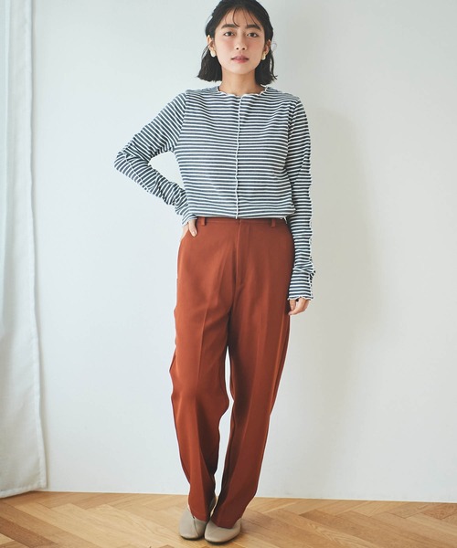 mil(ミル)の「【150㎝前後の小柄さんサイズ】ボーダーテレコメロウトップス(Tシャツ/カットソー・レディース・チャコールグレー/レッド/ダークブラウン・XS/S)」の5枚目の写真