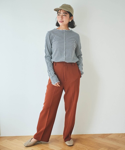 mil(ミル)の「【150㎝前後の小柄さんサイズ】ボーダーテレコメロウトップス(Tシャツ/カットソー・レディース・チャコールグレー/レッド/ダークブラウン・XS/S)」の9枚目の写真