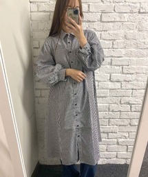 ストライプブロードボリュームスリーブシャツワンピース