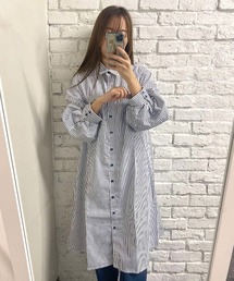 ストライプブロードボリュームスリーブシャツワンピース
