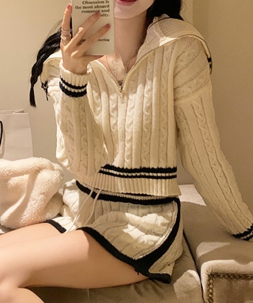 GLAMOROUS JANE(グラマラスジェーン)の「ケーブル編みセーラーカラーニット×ショートパンツセットアップ(セットアップ・レディース・オフホワイト/ネイビー・FREE)」の7枚目の写真