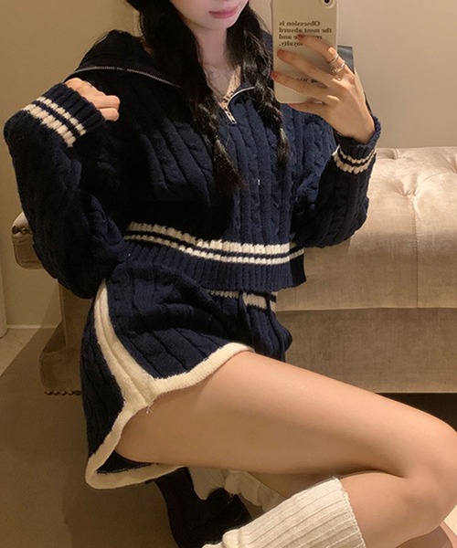 GLAMOROUS JANE(グラマラスジェーン)の「ケーブル編みセーラーカラーニット×ショートパンツセットアップ(セットアップ・レディース・オフホワイト/ネイビー・FREE)」の14枚目の写真