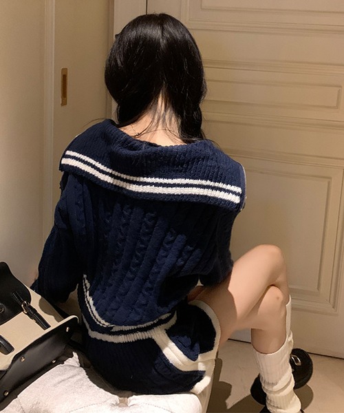 GLAMOROUS JANE(グラマラスジェーン)の「ケーブル編みセーラーカラーニット×ショートパンツセットアップ(セットアップ・レディース・オフホワイト/ネイビー・FREE)」の18枚目の写真