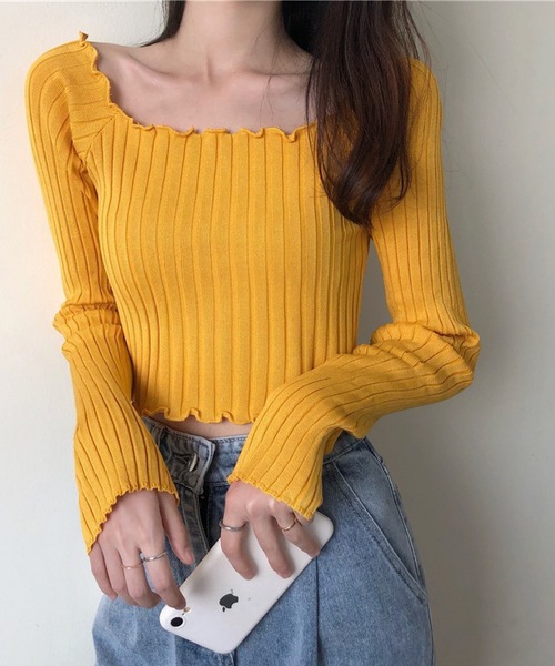 INASTUDIOS(イーナストゥディオス)の「リブトップス メロウフリル クロップド丈 トップス レディース(Tシャツ/カットソー・レディース・パープル/カーキ/ピンク/イエロー/ブルー/ブラック/ホワイト/ライラック・FREE)」の8枚目の写真
