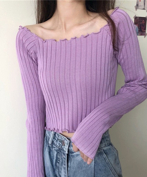 INASTUDIOS(イーナストゥディオス)の「リブトップス メロウフリル クロップド丈 トップス レディース(Tシャツ/カットソー・レディース・パープル/カーキ/ピンク/イエロー/ブルー/ブラック/ホワイト/ライラック・FREE)」の13枚目の写真