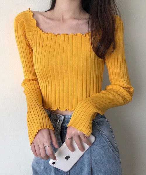 INASTUDIOS(イーナストゥディオス)の「リブトップス メロウフリル クロップド丈 トップス レディース(Tシャツ/カットソー・レディース・パープル/カーキ/ピンク/イエロー/ブルー/ブラック/ホワイト/ライラック・FREE)」の10枚目の写真