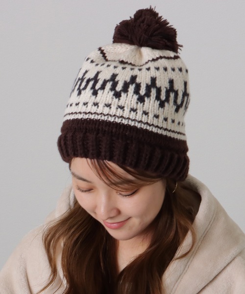 セール】ビッグ ポンポン付き ノルディック柄 ニット キャップ（ニット