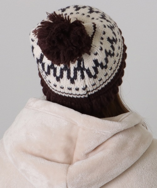 セール】ビッグ ポンポン付き ノルディック柄 ニット キャップ（ニット