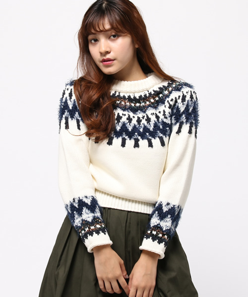 Ray BEAMS（レイビームス）の「Ray BEAMS / ノルディック柄クルーネック（ニット/セーター・レディース・オフホワイト/ネイビー・ONE SIZE）」の2枚目の写真