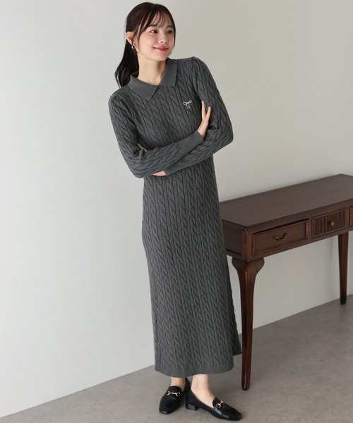 セール】リボン刺繍ポロケーブルニットワンピース（ワンピース