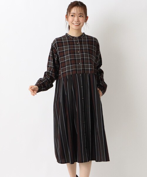 one'sterrace(ワンズテラス)の「チェック&ストライプ柄 コンビワンピース(ワンピース・レディース・ネイビー系5/ブラック系8/グレー系その他7・02)」の1枚目の写真