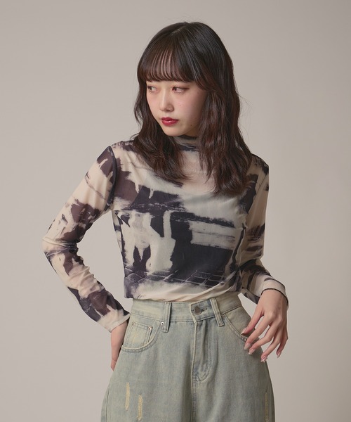 BLANK　（ブランク）の「Marble Print Sheer Tops / マーブルプリントシアートップス（Tシャツ/カットソー・レディース・ブラウン/グレー/ブルー・FREE）」の3枚目の写真