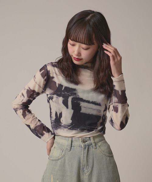 BLANK　（ブランク）の「Marble Print Sheer Tops / マーブルプリントシアートップス（Tシャツ/カットソー・レディース・ブラウン/グレー/ブルー・FREE）」の12枚目の写真