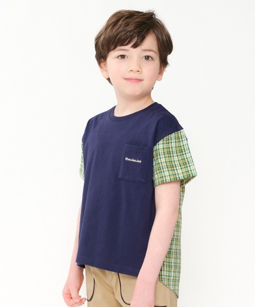 Moujonjon(ムージョンジョン)の「サッカーチェック無地切替半袖Tシャツ(Tシャツ/カットソー・キッズ・ホワイト/ネイビー・80/90/100/110/120/130/140)」の2枚目の写真