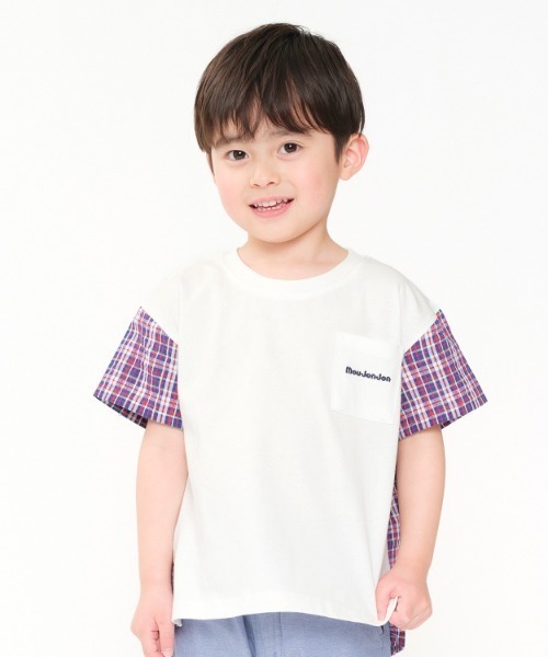 Moujonjon(ムージョンジョン)の「サッカーチェック無地切替半袖Tシャツ(Tシャツ/カットソー・キッズ・ホワイト/ネイビー・80/90/100/110/120/130/140)」の1枚目の写真