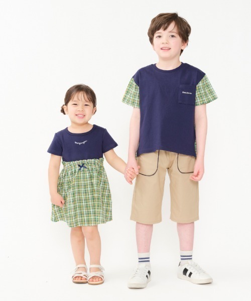 Moujonjon(ムージョンジョン)の「サッカーチェック無地切替半袖Tシャツ(Tシャツ/カットソー・キッズ・ホワイト/ネイビー・80/90/100/110/120/130/140)」の3枚目の写真