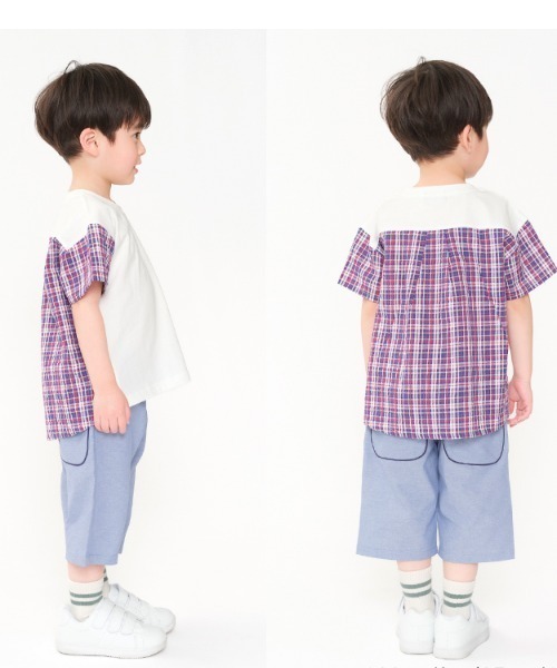 Moujonjon(ムージョンジョン)の「サッカーチェック無地切替半袖Tシャツ(Tシャツ/カットソー・キッズ・ホワイト/ネイビー・80/90/100/110/120/130/140)」の5枚目の写真