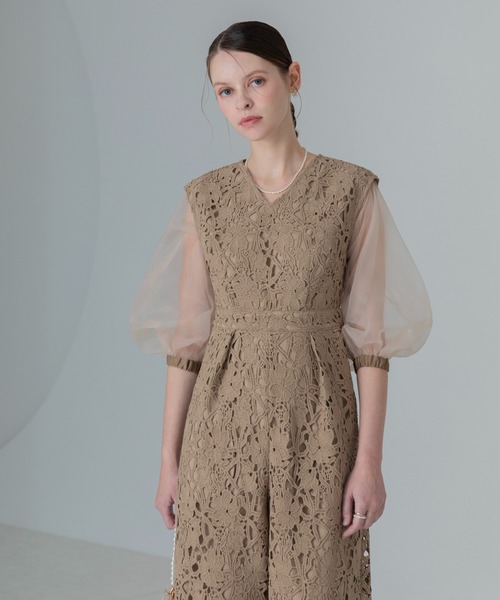 LEJA】2WAYシアースリーブ花柄パンツドレス 2点セット 結婚式