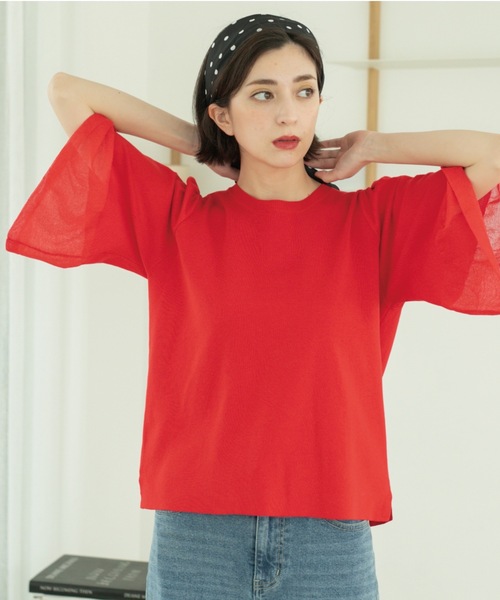 OPAQUE.CLIP（オペークドットクリップ）の「《5色展開》シアーフレアスリーブニット【洗濯機洗い可】（ニット/セーター・レディース・ネイビー/グリーン/ブラック/レッド系1/オフホワイト・38/40/42/36）」の15枚目の写真