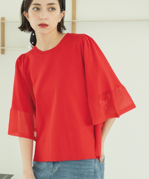 OPAQUE.CLIP（オペークドットクリップ）の「《5色展開》シアーフレアスリーブニット【洗濯機洗い可】（ニット/セーター・レディース・ネイビー/グリーン/ブラック/レッド系1/オフホワイト・38/40/42/36）」の16枚目の写真