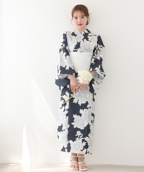 one after another NICE CLAUP（ワンアフターアナザーナイスクラップ）の「【1人で着られる】セパレート浴衣 / 浴衣+作り帯セット（浴衣・レディース・ネイビー/ピンク/アイボリー・FREE）」の14枚目の写真