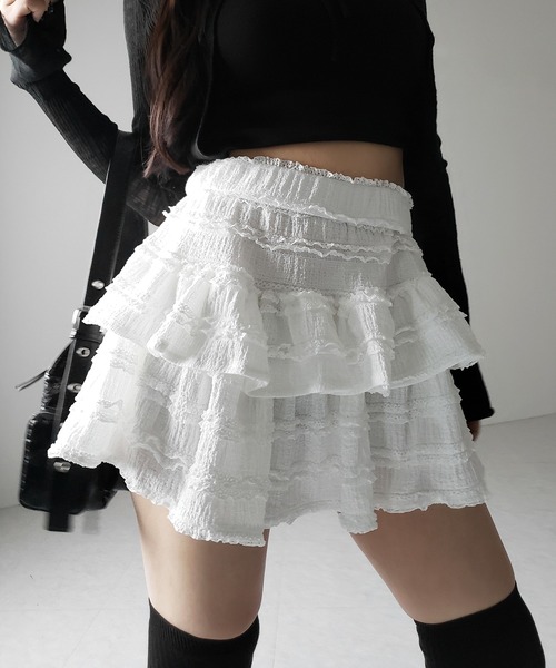me+em select(ミームセレクト)の「【 2color /インパン裏地付 】ティアードフリルミニスカート / tiered frill mini skirt(スカート・レディース・ブラック/ホワイト・FREE)」の6枚目の写真