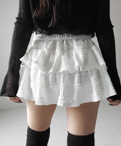 me+em select(ミームセレクト)の「【 2color /インパン裏地付 】ティアードフリルミニスカート / tiered frill mini skirt(スカート・レディース・ブラック/ホワイト・FREE)」の7枚目の写真