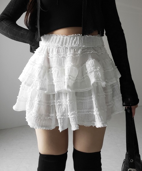me+em select(ミームセレクト)の「【 2color /インパン裏地付 】ティアードフリルミニスカート / tiered frill mini skirt(スカート・レディース・ブラック/ホワイト・FREE)」の8枚目の写真