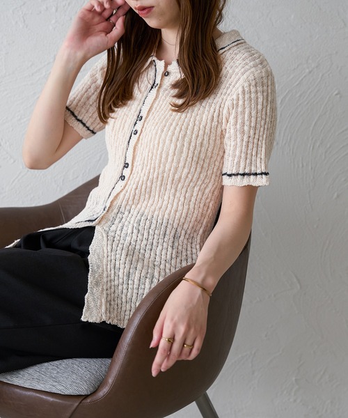 配色ライン半袖シアーポロニット（ポロシャツ）｜raffime（ラフィミー