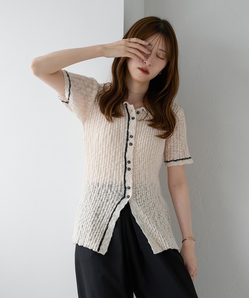 Aimeine エメイン　シアーライン　ポロ　ニット　ブラウン　現行 予約]シアーポロニットプルオーバー/ブラウン – Lumier