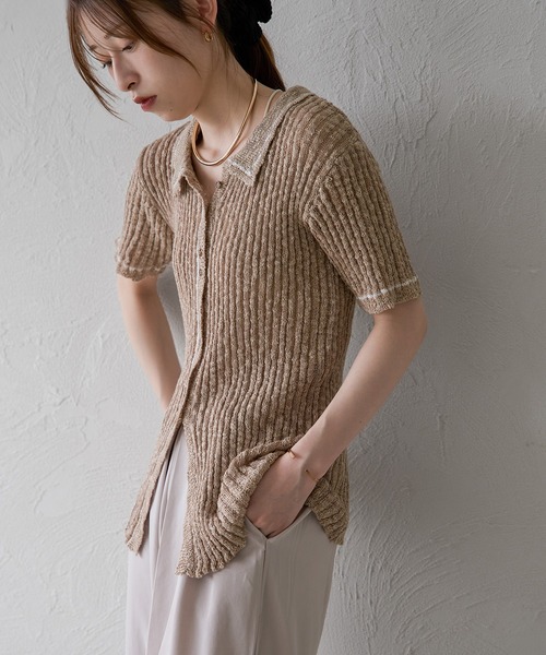 【美品】ニット ポロシャツ ニットポロ 半袖 LARDINI ベージュ 配色ライン半袖シアーポロニット（ポロシャツ）｜raffime