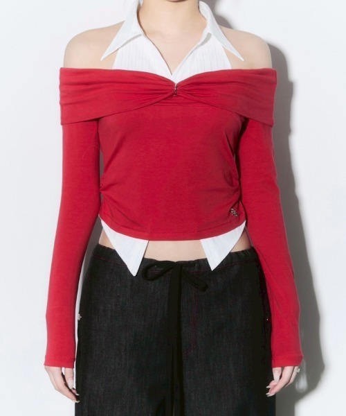 CHERRYQUIRI(チェリーキュリー)の「【CHERRYQUIRI】shirts layered off shoulder top / 【チェリーキュリー】シャツレイヤードオフショルダー長袖トップス(その他トップス・レディース・ピンク/レッド/ダークブラウン・ONE SIZE)」の6枚目の写真