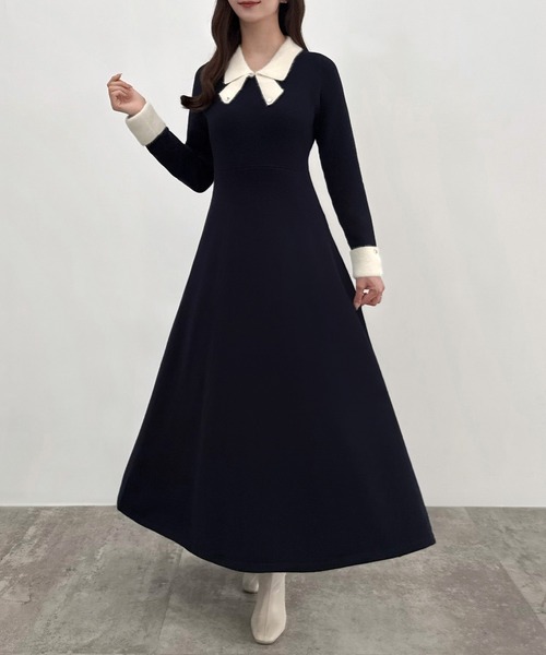 セール】バイカラーリボンニットワンピース[高身長サイズMT/低