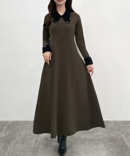 セール】バイカラーリボンニットワンピース[高身長サイズMT/低身長