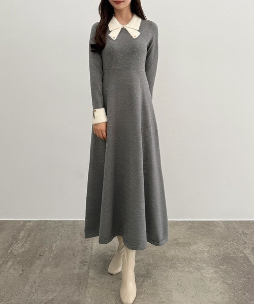 バイカラーリボンニットワンピース[高身長サイズMT/低身長サイズ