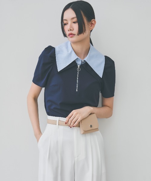 AND COUTURE(アンドクチュール)の「ダブルカラーZIPプルオーバー(シャツ/ブラウス・レディース・ネイビー/オフホワイト・FREE)」の1枚目の写真