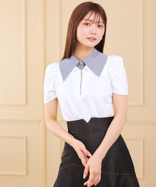 AND COUTURE(アンドクチュール)の「ダブルカラーZIPプルオーバー(シャツ/ブラウス・レディース・ネイビー/オフホワイト・FREE)」の2枚目の写真