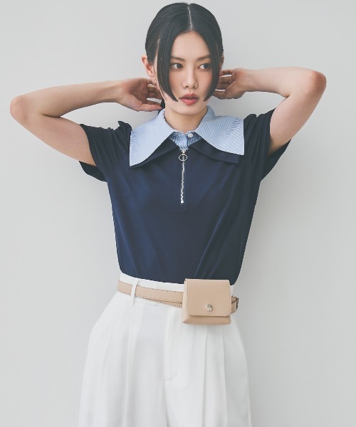 AND COUTURE(アンドクチュール)の「ダブルカラーZIPプルオーバー(シャツ/ブラウス・レディース・ネイビー/オフホワイト・FREE)」の3枚目の写真