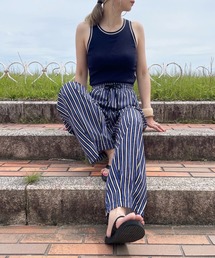 ISOOK | ストライプワイドパンツ(comochi select) / イージーパンツ リラックスパンツ タック入り ビックシルエット ルーズ ハイウエスト ウエストゴム 柄パンツ ブルー 青(その他パンツ)